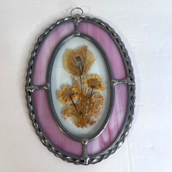 Pressed Dried Flowers in Silver Twisted Metal Frame Oval Colored Glass Boho - Picture 1 of 5